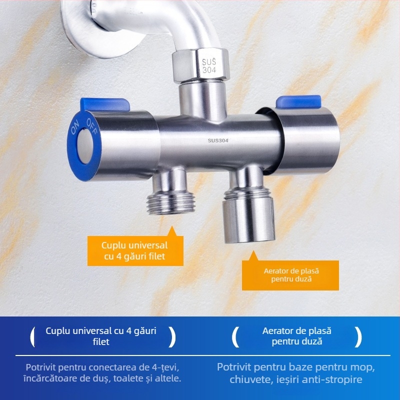 Supapă unghiulară din oțel inoxidabil 304, dublu control, 1 intrare, 2 ieșiri, distribuitor de apă cu 3 căi și întrerupător, montaj pe perete