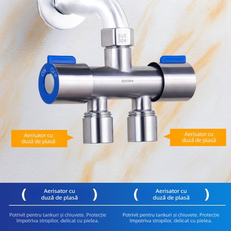 Supapă unghiulară din oțel inoxidabil 304, dublu control, 1 intrare, 2 ieșiri, distribuitor de apă cu 3 căi și întrerupător, montaj pe perete