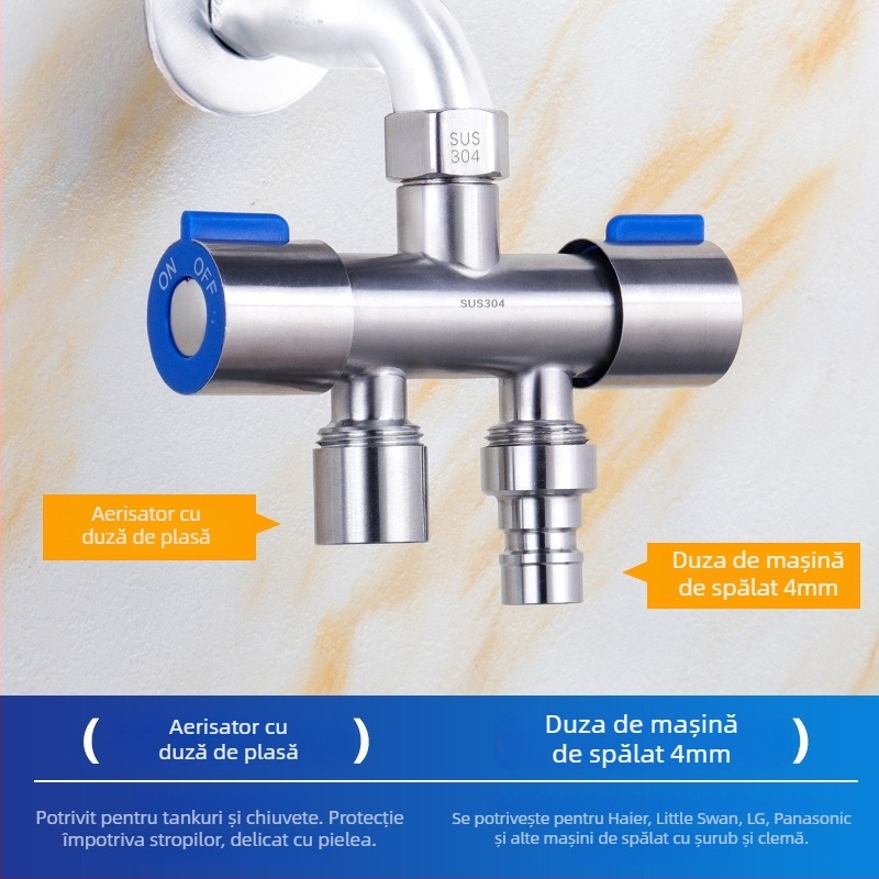 Supapă unghiulară din oțel inoxidabil 304, dublu control, 1 intrare, 2 ieșiri, distribuitor de apă cu 3 căi și întrerupător, montaj pe perete
