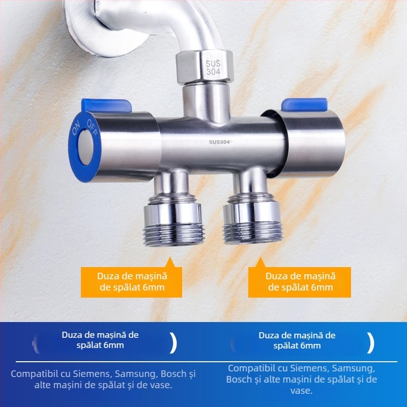 Supapă unghiulară din oțel inoxidabil 304, dublu control, 1 intrare, 2 ieșiri, distribuitor de apă cu 3 căi și întrerupător, montaj pe perete