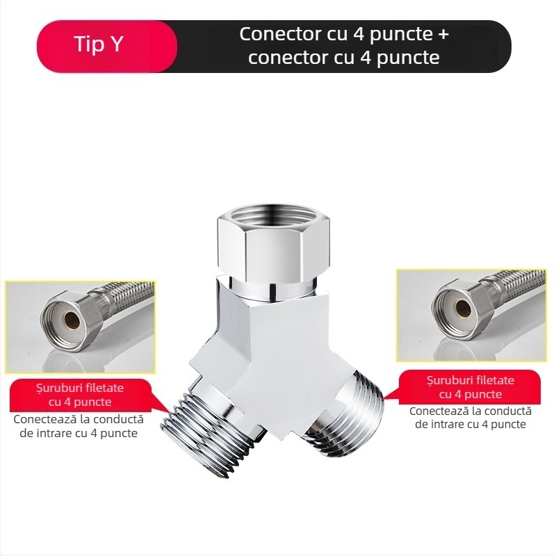 Supapă de trei căi pentru mașina de spălat, distribuitor 1-2, aliaj zinc cromat, diametrele conductelor principale și secundare 4 puncte