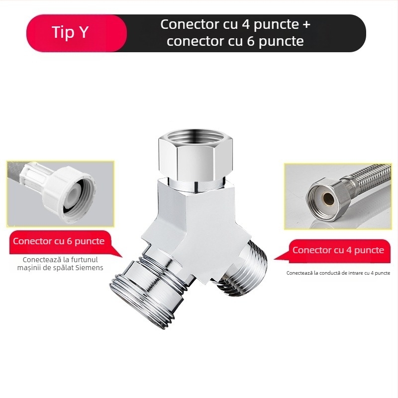 Supapă de trei căi pentru mașina de spălat, distribuitor 1-2, aliaj zinc cromat, diametrele conductelor principale și secundare 4 puncte