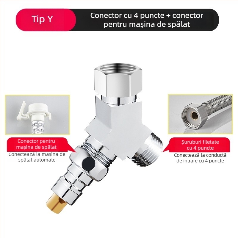 Supapă de trei căi pentru mașina de spălat, distribuitor 1-2, aliaj zinc cromat, diametrele conductelor principale și secundare 4 puncte