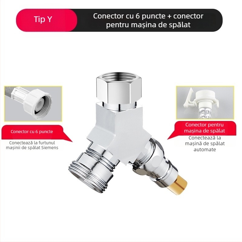 Supapă de trei căi pentru mașina de spălat, distribuitor 1-2, aliaj zinc cromat, diametrele conductelor principale și secundare 4 puncte