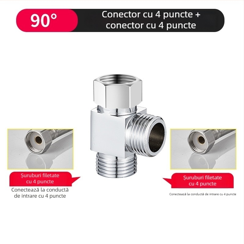 Supapă de trei căi pentru mașina de spălat, distribuitor 1-2, aliaj zinc cromat, diametrele conductelor principale și secundare 4 puncte