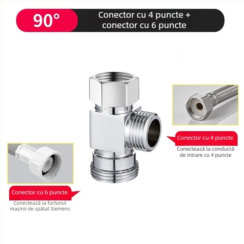 Supapă de trei căi pentru mașina de spălat, distribuitor 1-2, aliaj zinc cromat, diametrele conductelor principale și secundare 4 puncte
