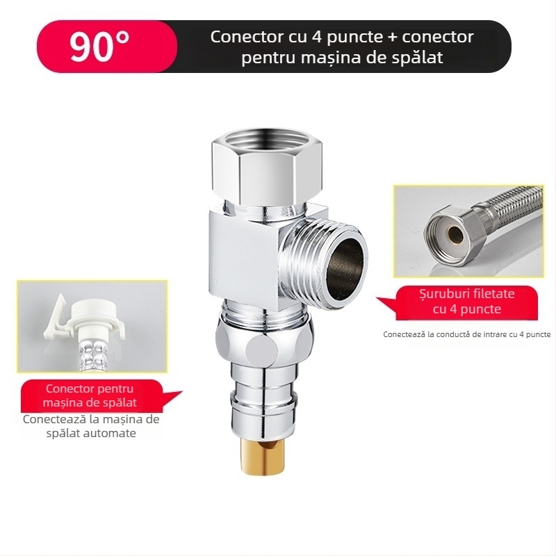 Supapă de trei căi pentru mașina de spălat, distribuitor 1-2, aliaj zinc cromat, diametrele conductelor principale și secundare 4 puncte