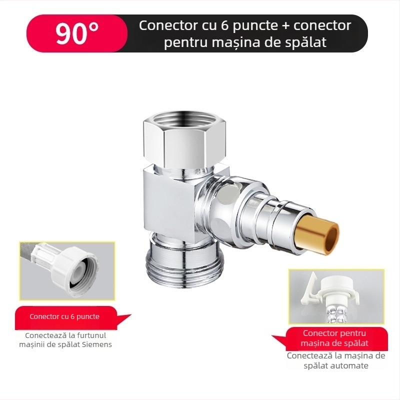 Supapă de trei căi pentru mașina de spălat, distribuitor 1-2, aliaj zinc cromat, diametrele conductelor principale și secundare 4 puncte