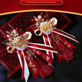 Corsaj de nuntă cu dragon și phoenix pentru mireasă și mire, stil chinezesc, broșă și nasturi de rever, aliaj cu jad artificial