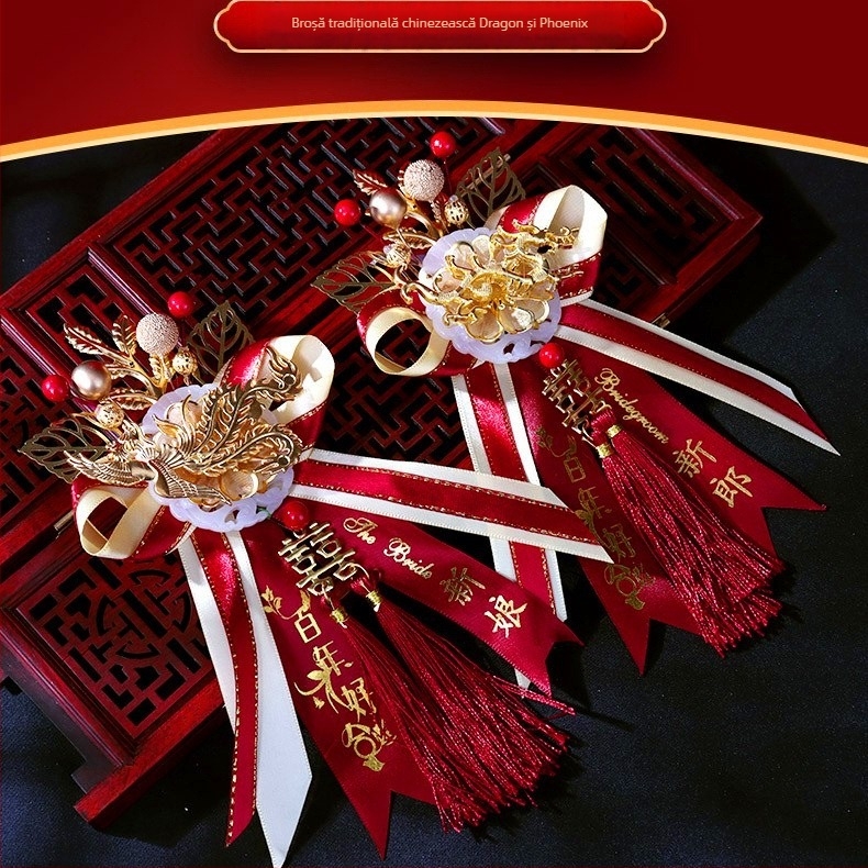Corsaj de nuntă cu dragon și phoenix pentru mireasă și mire, stil chinezesc, broșă și nasturi de rever, aliaj cu jad artificial