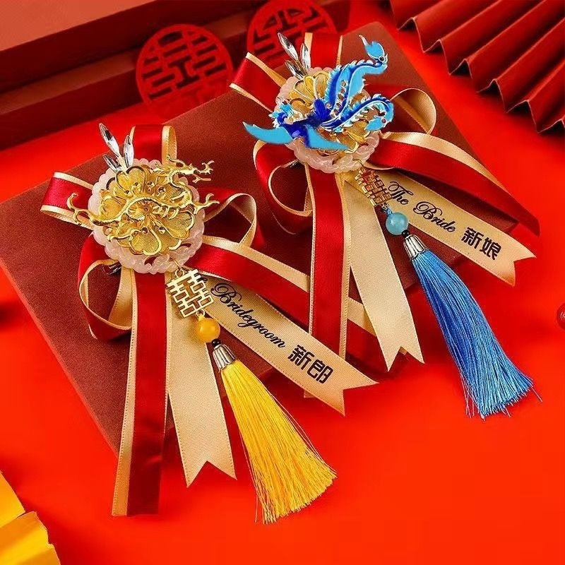 Corsaj de nuntă cu dragon și phoenix pentru mireasă și mire, stil chinezesc, broșă și nasturi de rever, aliaj cu jad artificial