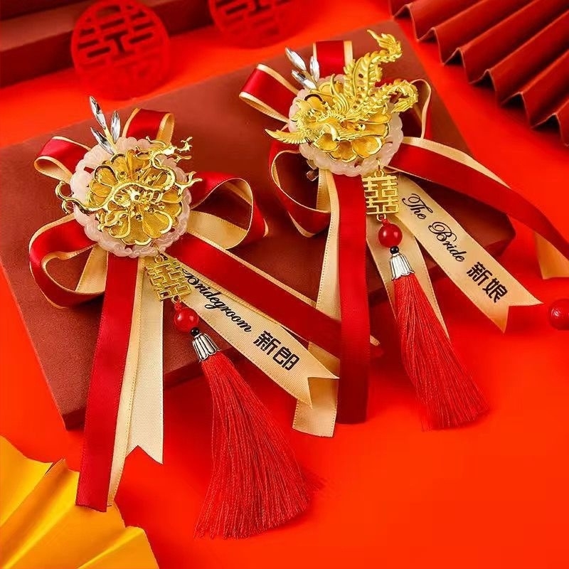 Corsaj de nuntă cu dragon și phoenix pentru mireasă și mire, stil chinezesc, broșă și nasturi de rever, aliaj cu jad artificial