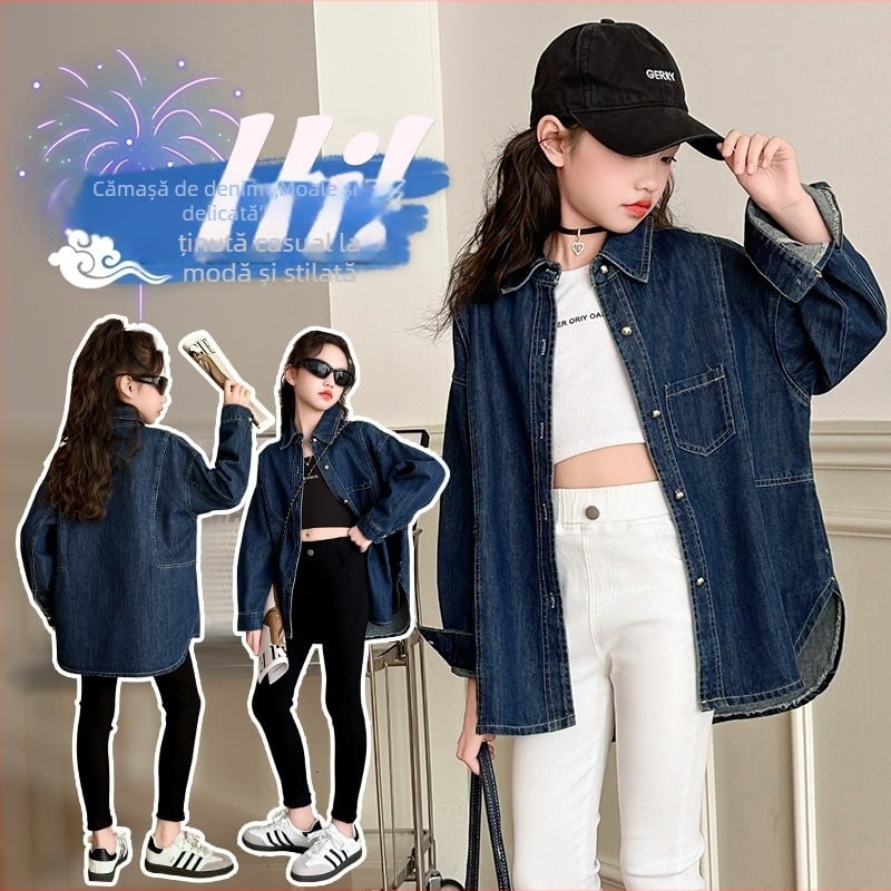 Jachetă denim pentru fete, primăvară-toamnă 2025, casual, nasturi pe un rând, guler rever, mâneci lungi, culoare solidă, amestec poliester
