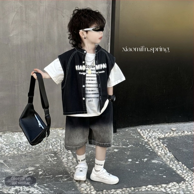 Set din denim pentru copii, trei piese (cămașă, jachetă, șort) – stil coreean, bumbac 71–80%, mâneci scurte, pentru nou-născuți 0–1 an