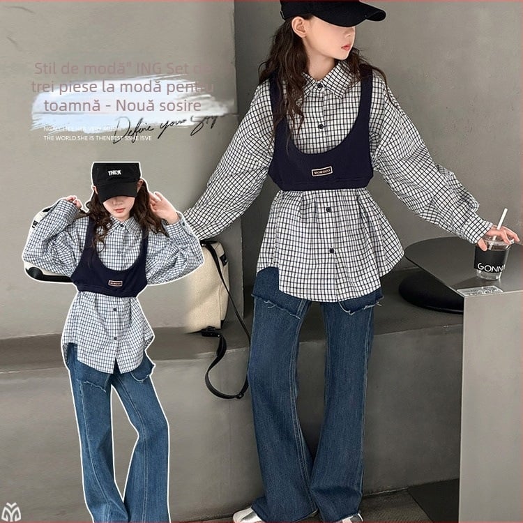 Set pentru fetițe, trei piese, primăvară-toamnă, în carouri, poliester 70%, cămașă cu mânecă lungă și blugi