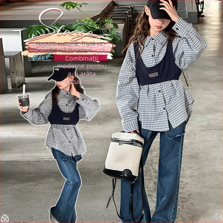 Set pentru fetițe, trei piese, primăvară-toamnă, în carouri, poliester 70%, cămașă cu mânecă lungă și blugi