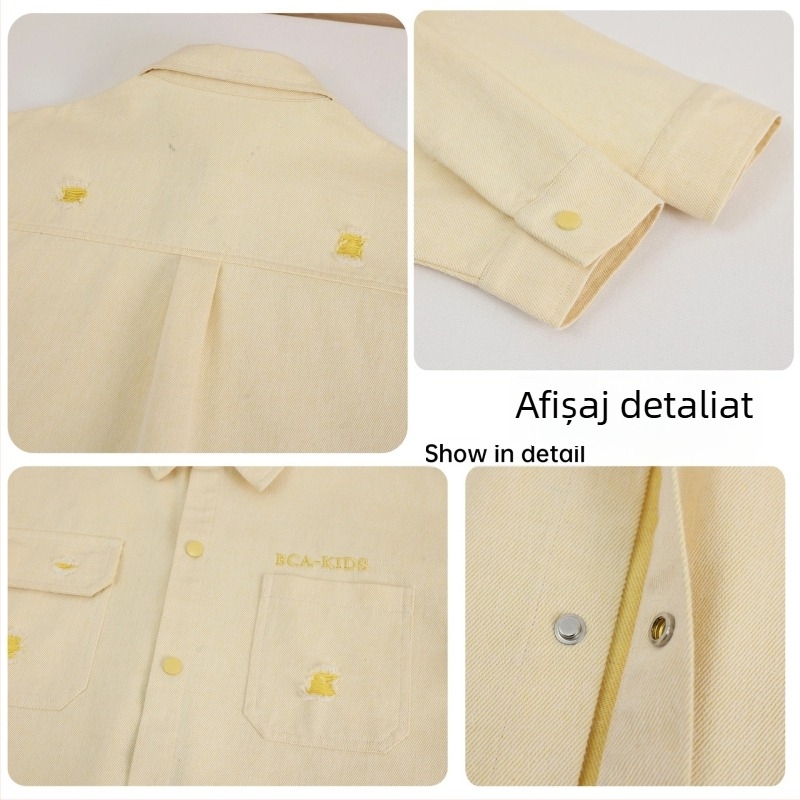 Cămașă denim pentru băieți – 65% bumbac, 35% poliester; mâneci lungi; model litere; pentru copii 8+ ani (peste 140 cm); Primăvara 2025.