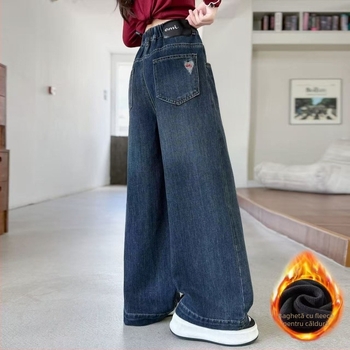 Blugi pentru fete - stil coreean, căptușiți cu fleece, talie medie, 78% bumbac, toamnă-iarnă