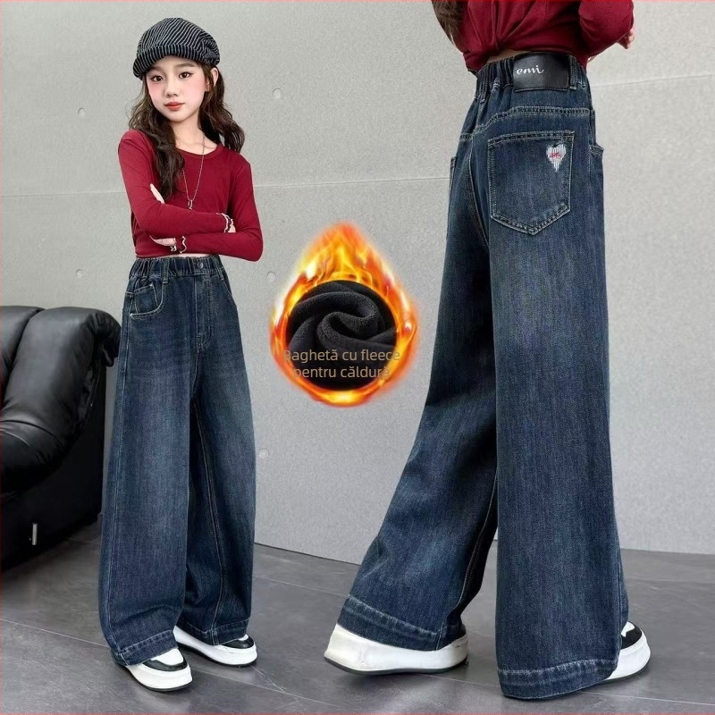 Blugi pentru fete - stil coreean, căptușiți cu fleece, talie medie, 78% bumbac, toamnă-iarnă