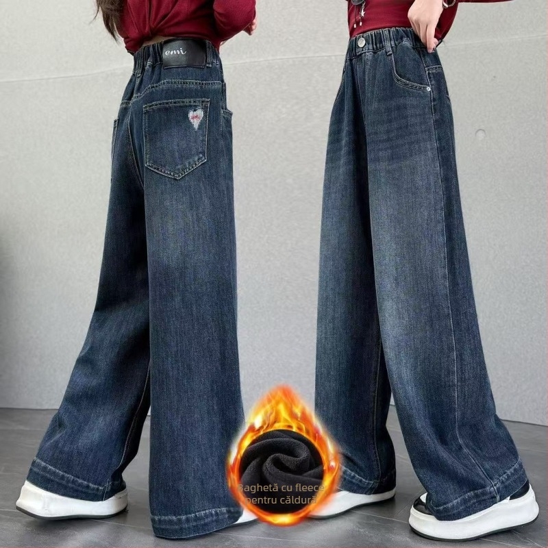 Blugi pentru fete - stil coreean, căptușiți cu fleece, talie medie, 78% bumbac, toamnă-iarnă