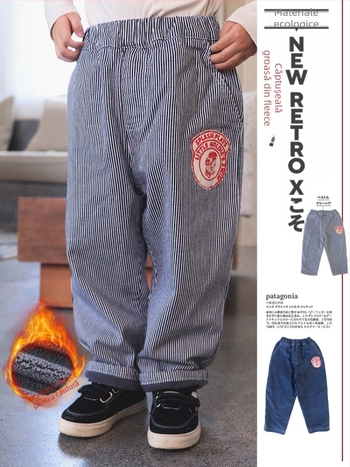 Blugi pentru copii din denim cu căptușeală de fleece – Iarnă 2025, talie medie, lungime integrală, model desene animate și litere