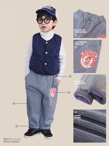 Blugi pentru copii din denim cu căptușeală de fleece – Iarnă 2025, talie medie, lungime integrală, model desene animate și litere