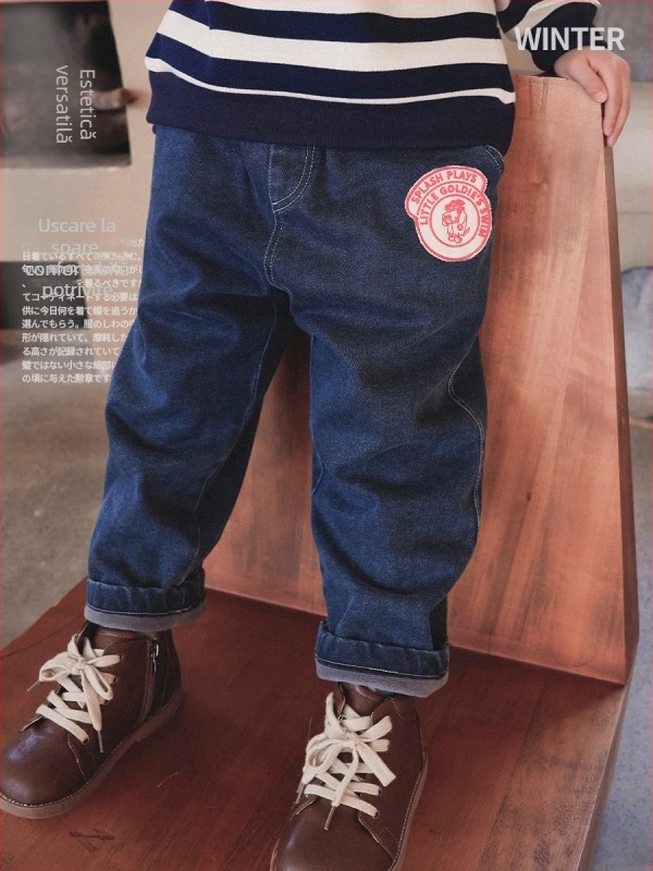 Blugi pentru copii din denim cu căptușeală de fleece – Iarnă 2025, talie medie, lungime integrală, model desene animate și litere