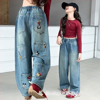 Blugi din denim pentru copii, imprimeu Cartoon, talie înaltă, bandă elastică