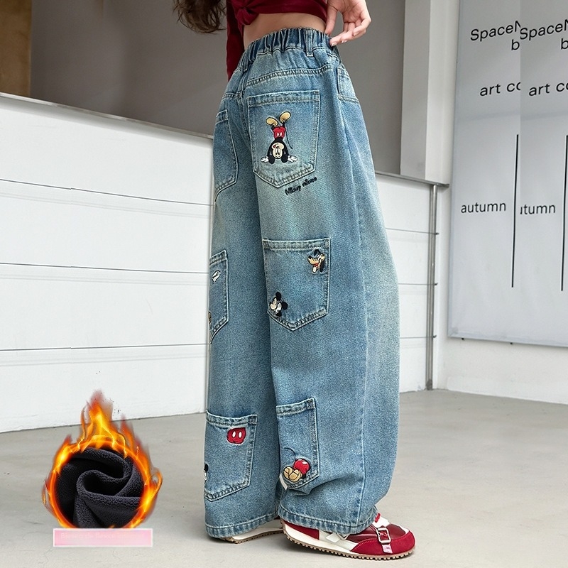 Blugi din denim pentru copii, imprimeu Cartoon, talie înaltă, bandă elastică