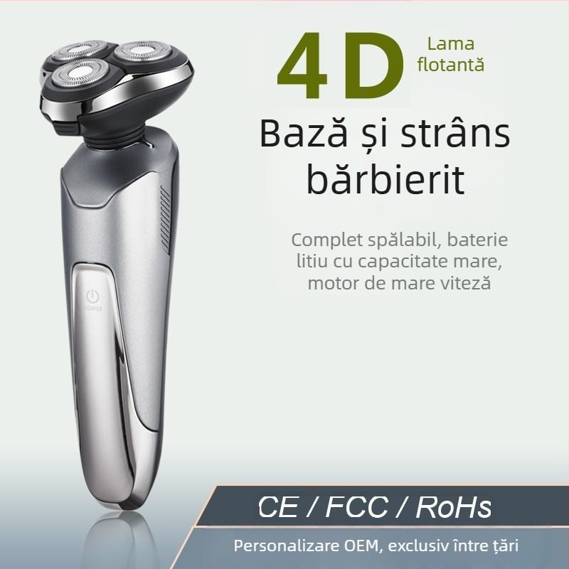 Aparat de ras electric cu trimmer pentru nas încorporat — încărcare USB, cap rotativ cu 3 lame, utilizare umedă și uscată, afișaj LED