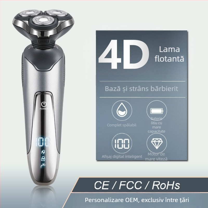 Aparat de ras electric cu trimmer pentru nas încorporat — încărcare USB, cap rotativ cu 3 lame, utilizare umedă și uscată, afișaj LED