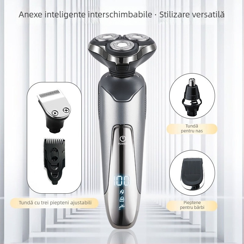 Aparat de ras electric cu trimmer pentru nas încorporat — încărcare USB, cap rotativ cu 3 lame, utilizare umedă și uscată, afișaj LED