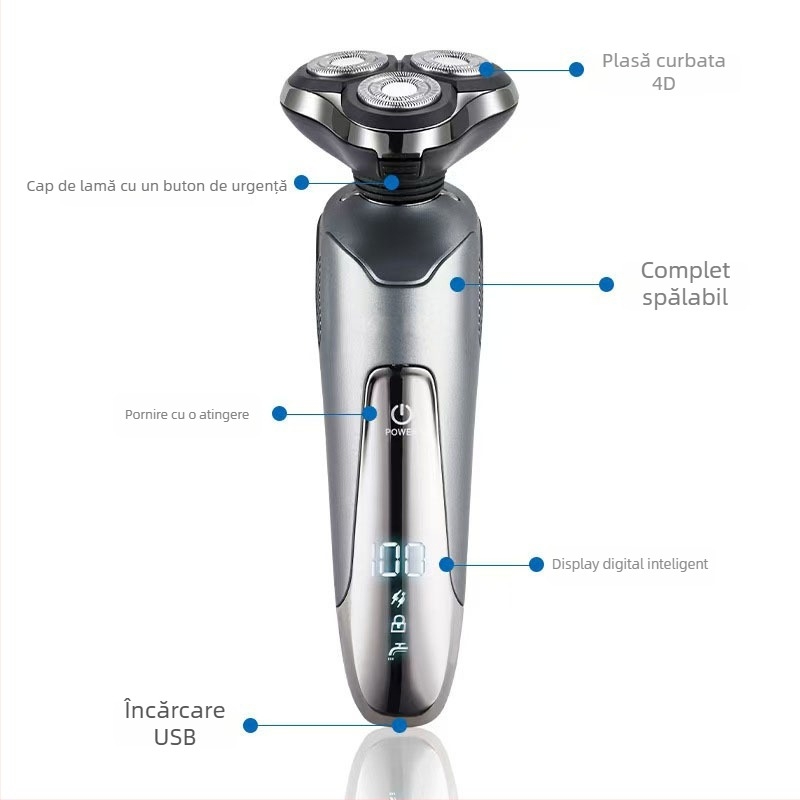 Aparat de ras electric cu trimmer pentru nas încorporat — încărcare USB, cap rotativ cu 3 lame, utilizare umedă și uscată, afișaj LED