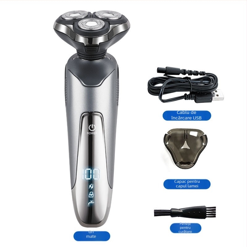 Aparat de ras electric cu trimmer pentru nas încorporat — încărcare USB, cap rotativ cu 3 lame, utilizare umedă și uscată, afișaj LED