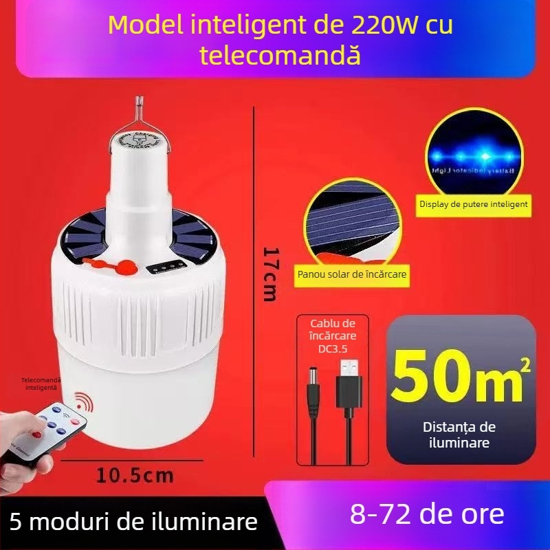 Bec LED solar reîncărcabil, cu telecomandă, cu soclu E14, IP44, 50 lm, baterie litiu încorporată