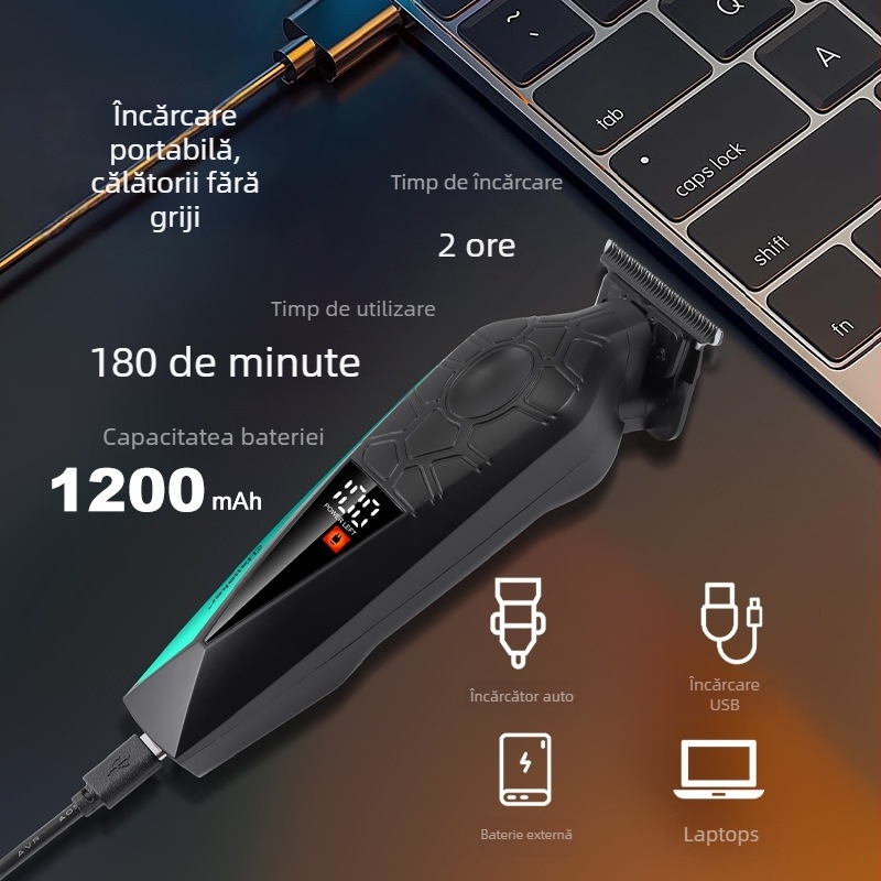 Hatteker aparat de tunsoare electric reîncărcabil cu afișaj LCD, lamă Zero-Gap din oțel inoxidabil, motor cu perii, baterie 1000–1200 mAh, zgomot redus