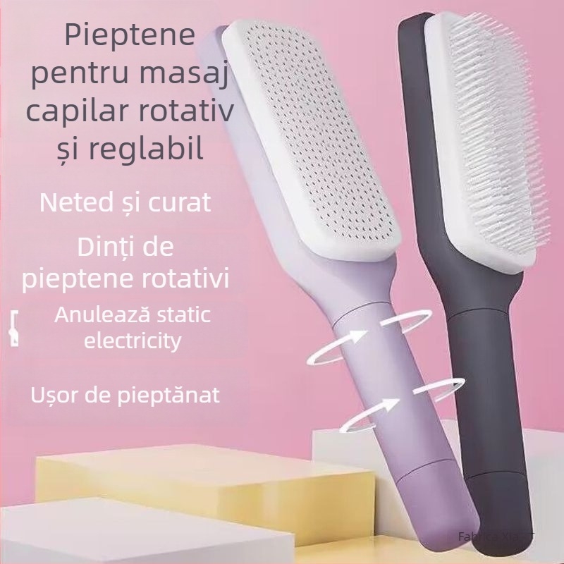 Pieptene de masaj rotativ telescopic cu pernă de aer, anti-static cu ioni negativ, netezește părul, din bambus, formă dreptunghiulară, pentru uz casnic