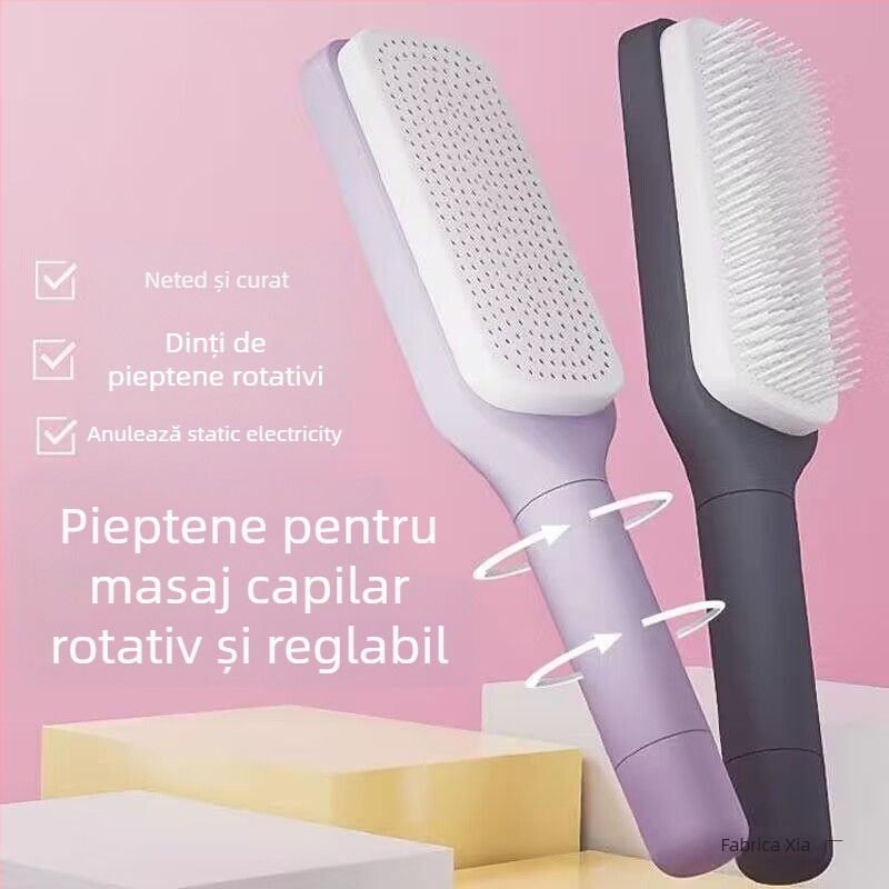 Pieptene de masaj rotativ telescopic cu pernă de aer, anti-static cu ioni negativ, netezește părul, din bambus, formă dreptunghiulară, pentru uz casnic