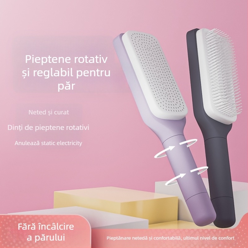 Pieptene de masaj rotativ telescopic cu pernă de aer, anti-static cu ioni negativ, netezește părul, din bambus, formă dreptunghiulară, pentru uz casnic
