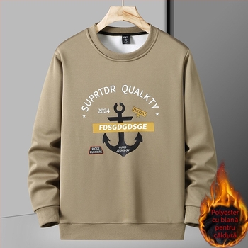 Pulover gros cu fleece, guler rotund, mâneci lungi, croială lejeră, imprimeu cu litere pe țesătură din poliester