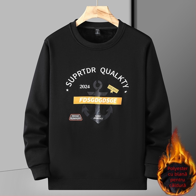 Pulover gros cu fleece, guler rotund, mâneci lungi, croială lejeră, imprimeu cu litere pe țesătură din poliester