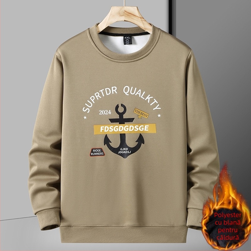 Pulover gros cu fleece, guler rotund, mâneci lungi, croială lejeră, imprimeu cu litere pe țesătură din poliester