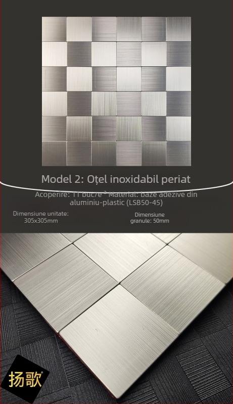 Plăcuță mozaică pentru perete din oțel inoxidabil, aspect periat - autocolantă, fără rosturi, cu bază aluminiu-plastic, pentru bucătărie și baie