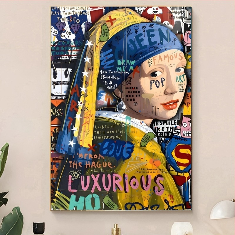 Print pe pânză Mona Lisa în stil Art Deco — pânză înrămămată, ramă din lemn masiv, imprimare cu jet de cerneală, motif peisaj cu plante înflorite, potrivit pentru living și dormitor