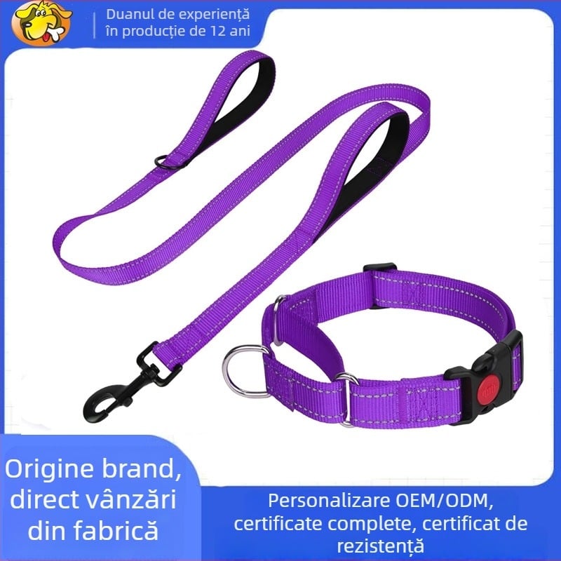Lesă pentru câini cu mâner și set zgardă, din nailon, căptușită cu neopren, anti-sufocare, pentru câini mari