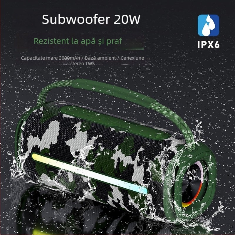 Boxă Bluetooth fără fir cu iluminare LED, difuzoare duale, IPX6 rezistent la apă, ieșire 20W, baterie încorporată 2000–4000 mAh