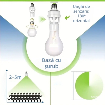 Lampă cu bază E27, senzor PIR – reglabilă, pentru scări și holuri, 0-440V, întârziere 1,5 s