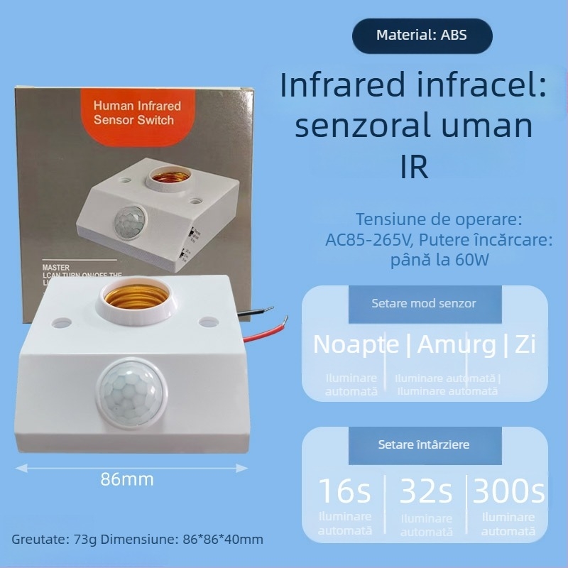 Lampă cu bază E27, senzor PIR – reglabilă, pentru scări și holuri, 0-440V, întârziere 1,5 s