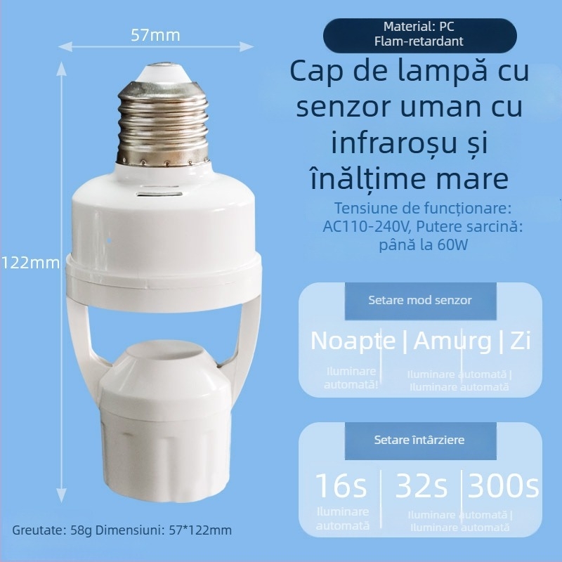 Lampă cu bază E27, senzor PIR – reglabilă, pentru scări și holuri, 0-440V, întârziere 1,5 s