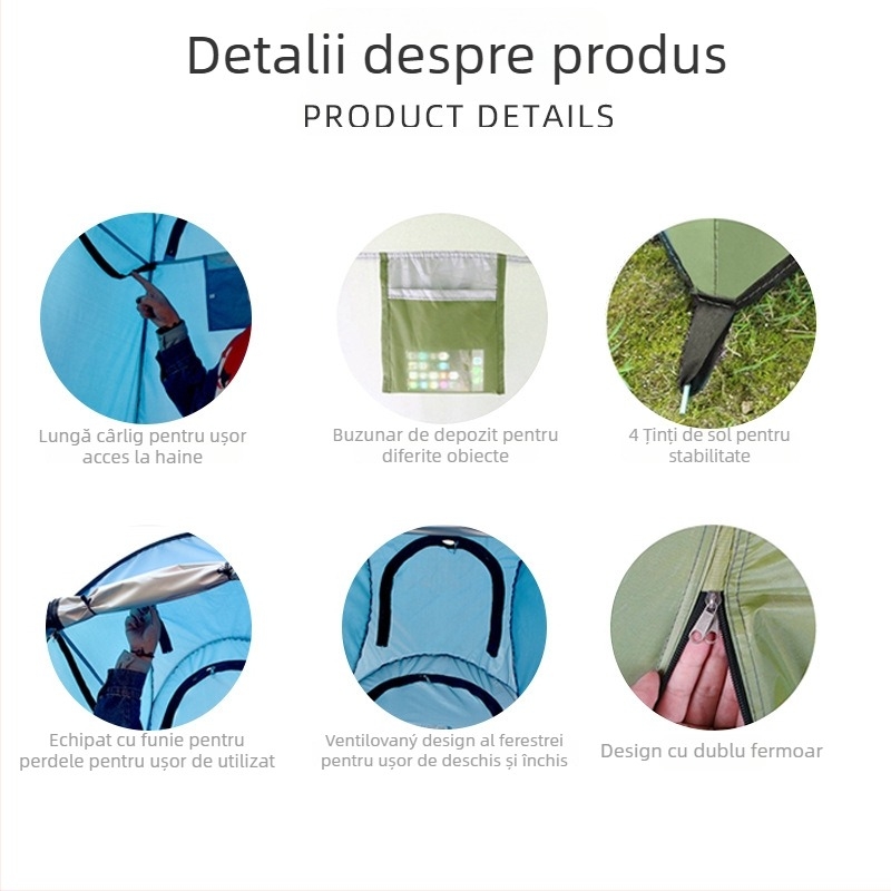Tendă exterioară portabilă cu deschidere rapidă pentru duș și schimb, configurație cu o cameră, impermeabilă <1000mm, material poliester 170T argintiu, configurare personalizabilă